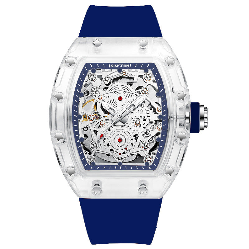 Fashion Hollowed Men Watches Tonneau Transparent Analog Display Silicone Strap Calendar Quartz Waterproof Trend Male Wrist Watch